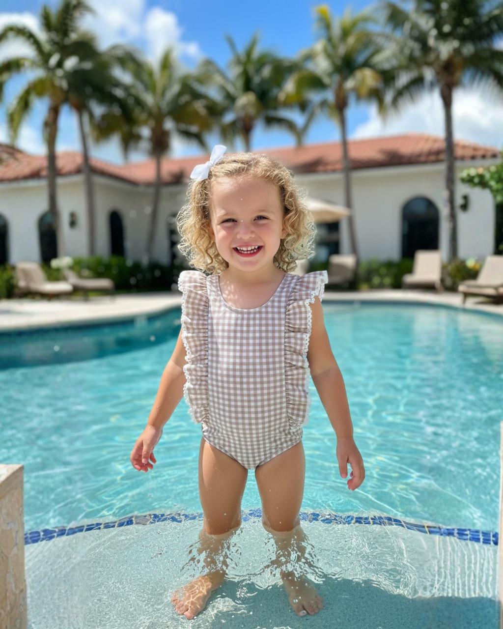 Girls tan gingham truffles 1 pc suit