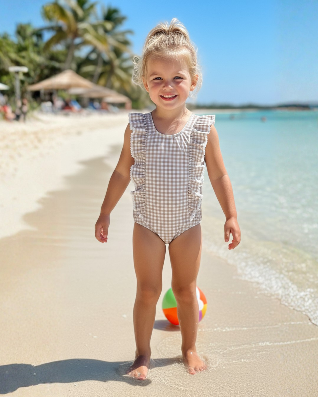 Girls tan gingham truffles 1 pc suit