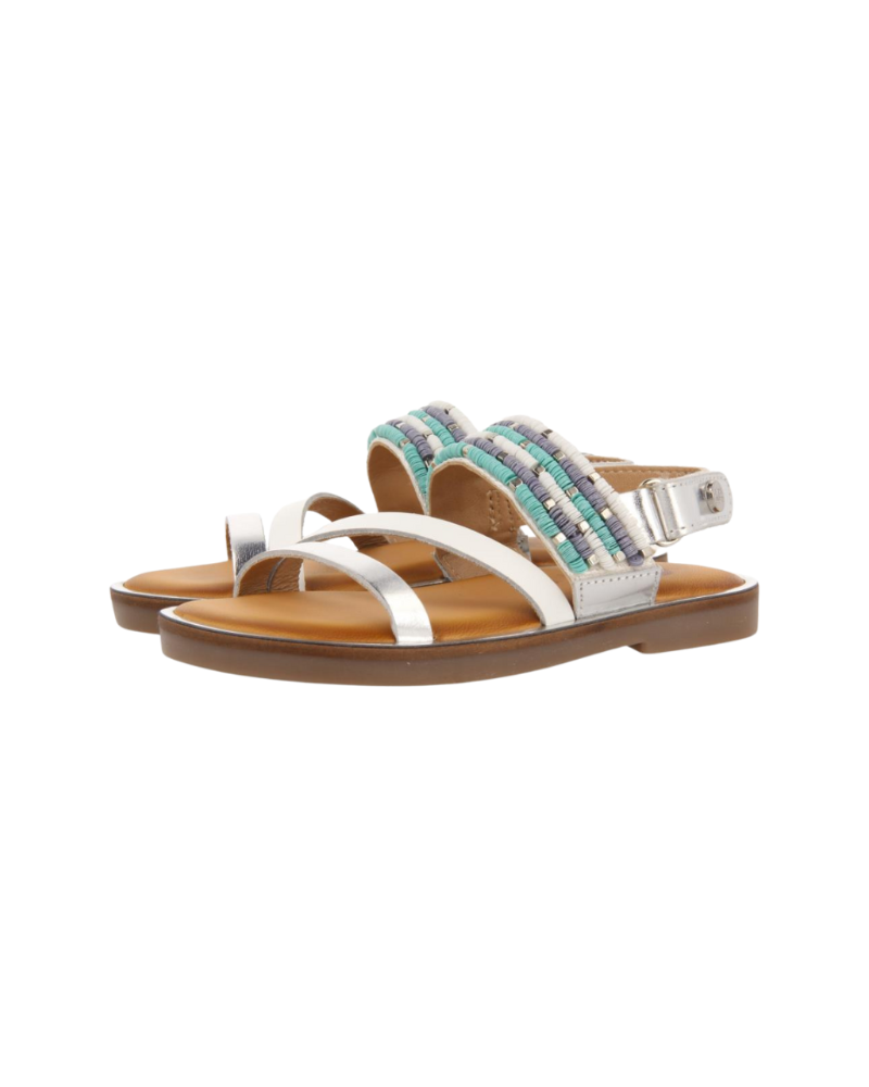 White Leather Sandals With Blue Stone Details For Girls Boquira image 0