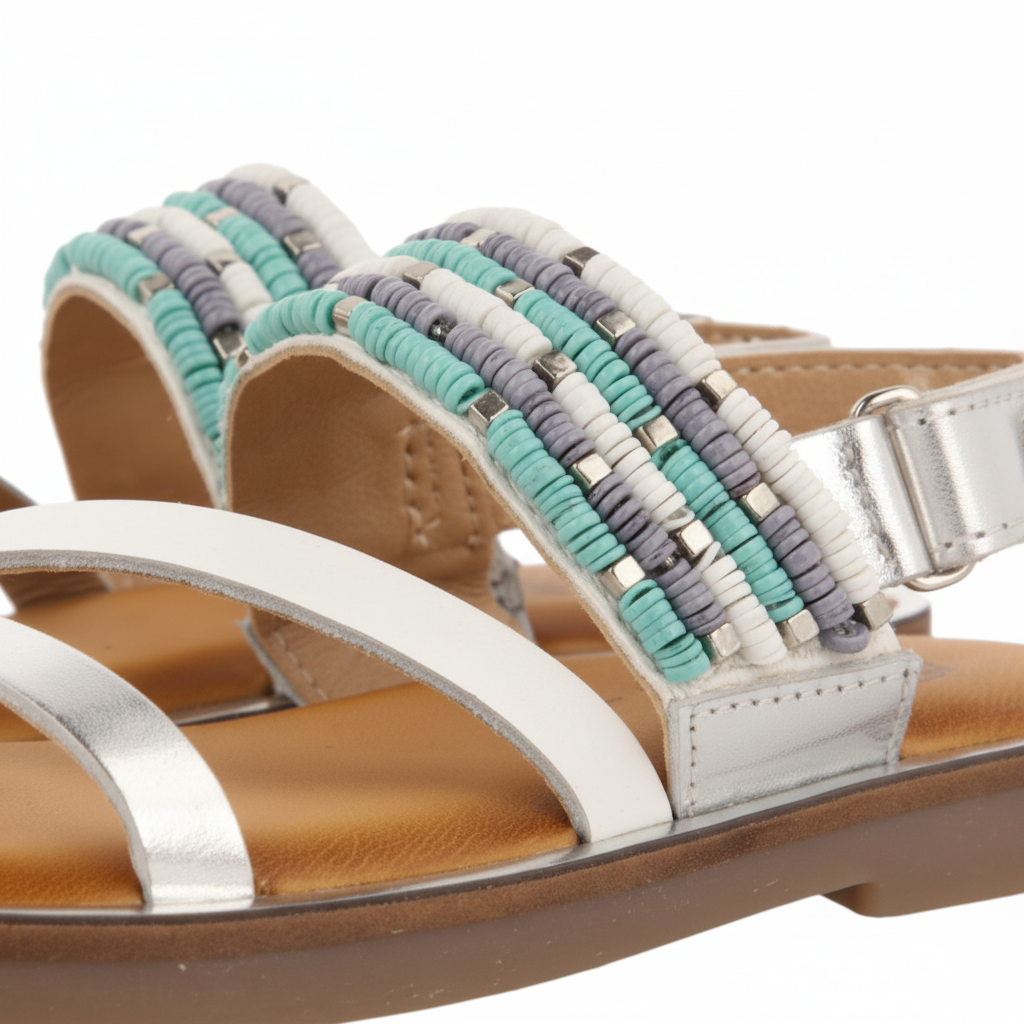 White Leather Sandals With Blue Stone Details For Girls Boquira