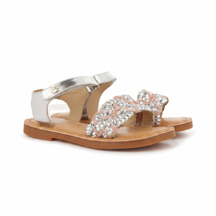 Two Color Braided Leather Sandals In Silver Color