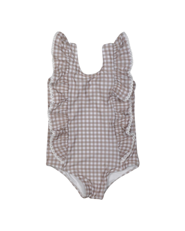 girls tan gingham ¬†ruffles 1 pc suit¬†