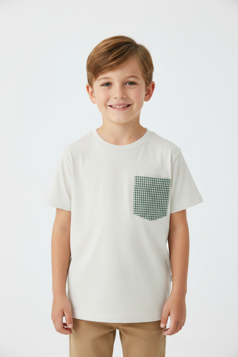 OFF WHITE SHORT SLEEVE RASHGUARD WITH POCKET GREEN GINGHAM