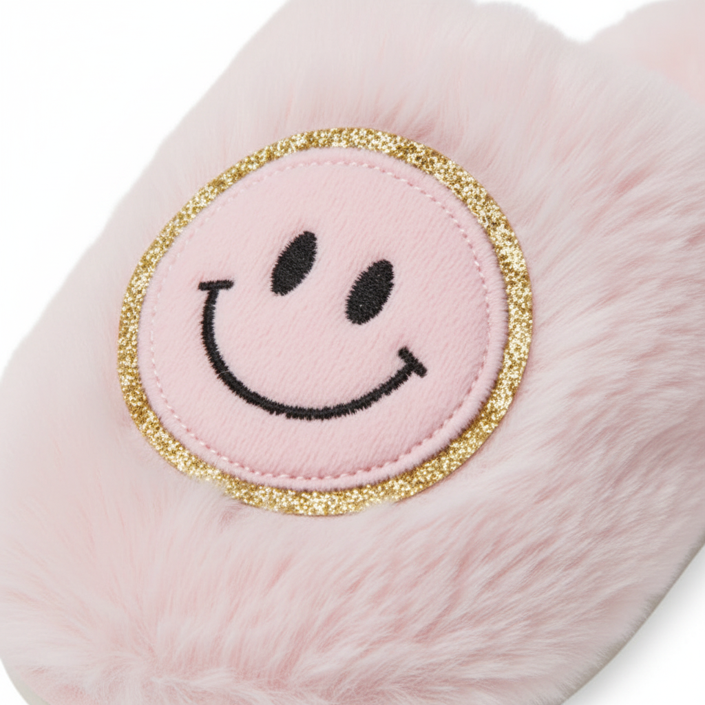 Cali Smiley Face Fuzzy Slippers
