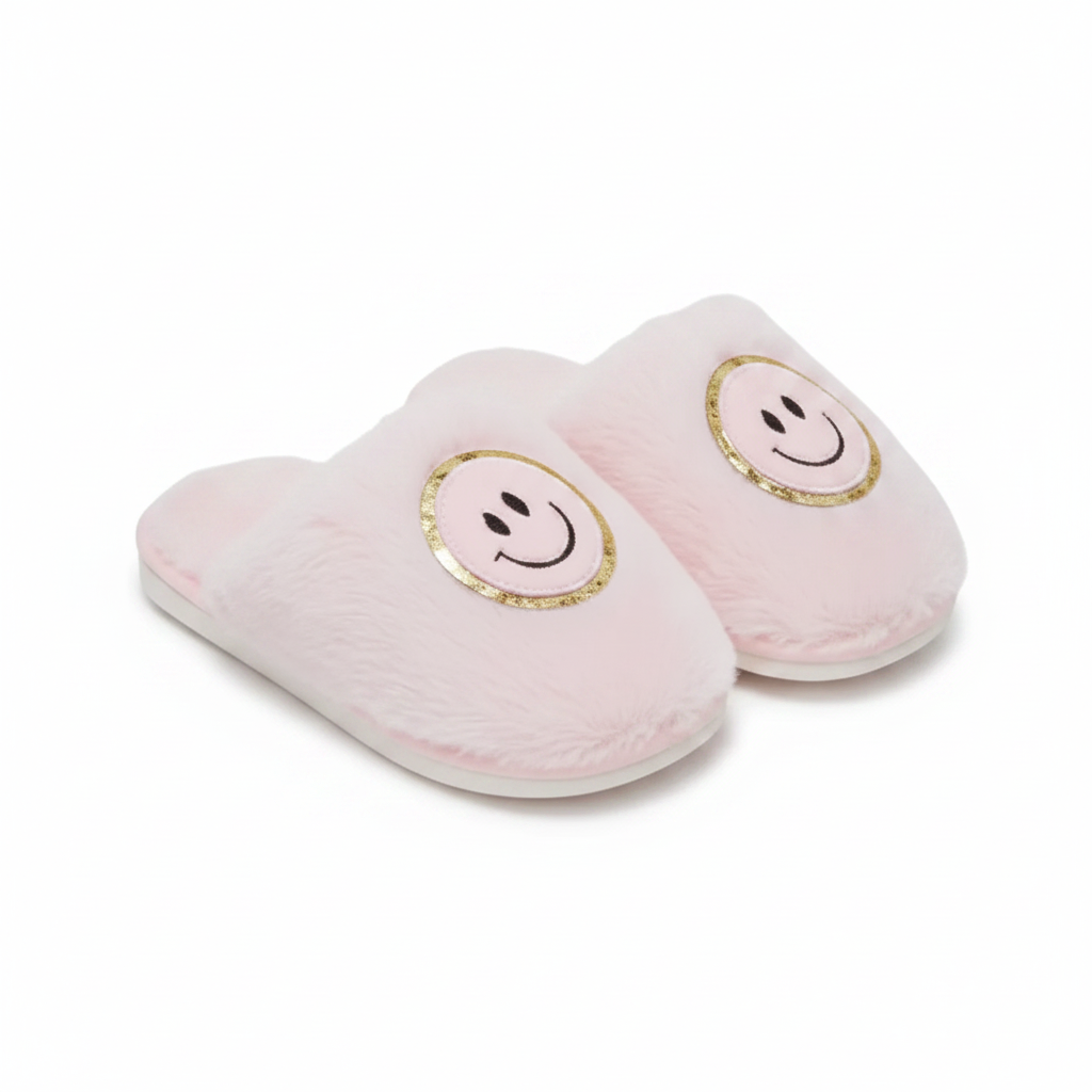 Cali Smiley Face Fuzzy Slippers