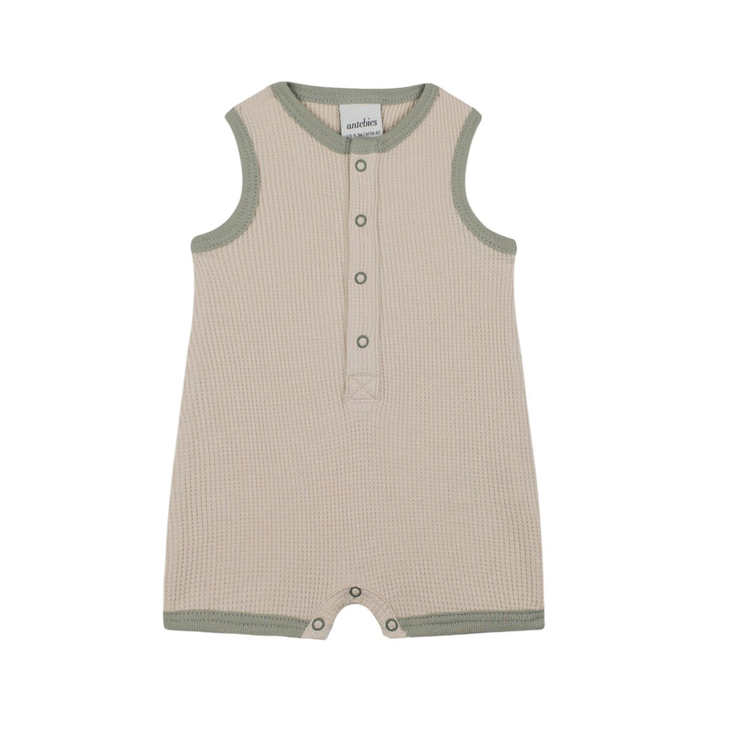 Beige Waffle Playsuit with Contrast Green image 0