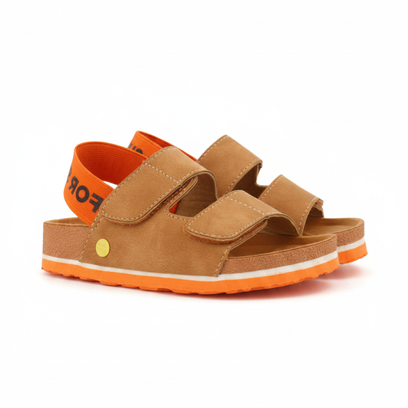 Courgis Boys Tan Footbed Sandals With Orange Details And Text
