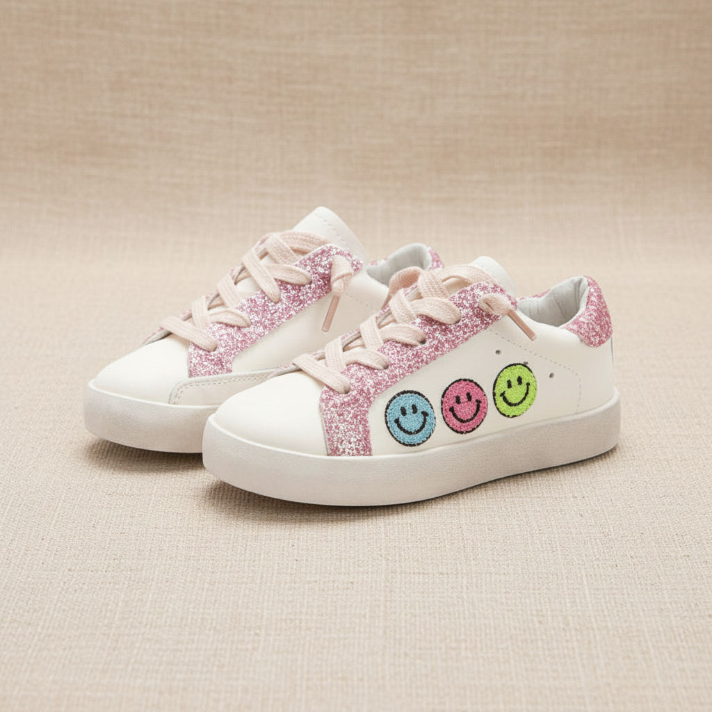 Charlotte Smiley Face Fuzzy Patch Sneakers