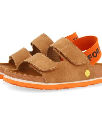 Courgis Boys Tan Footbed Sandals With Orange Details And Text