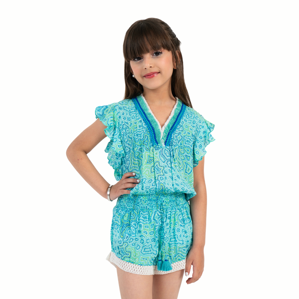 Short Jumpsuit Sasha V Kids Blue Kaktus-Turquoise-1