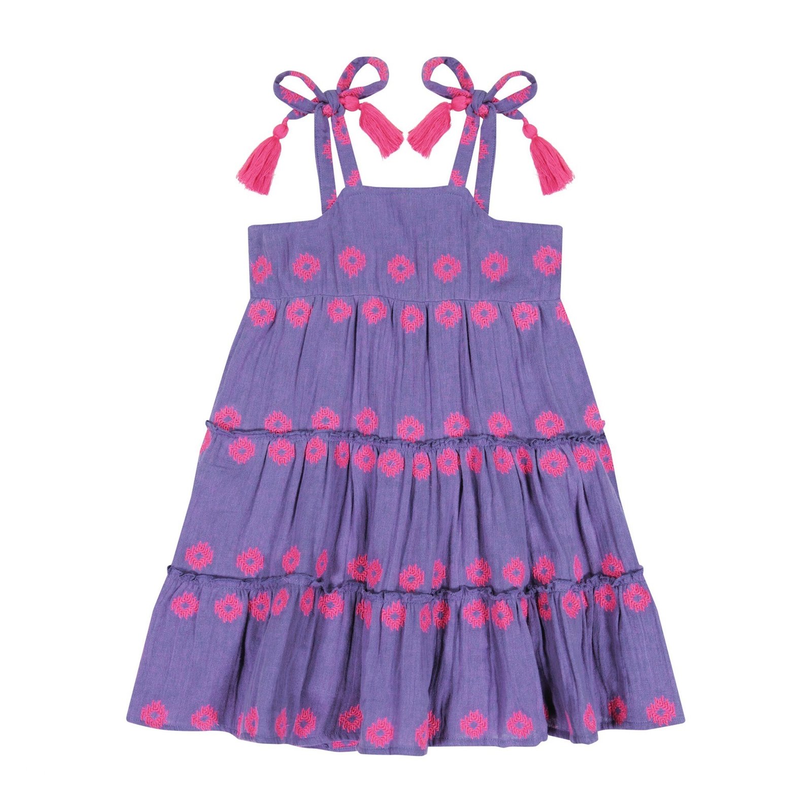 Bella Girl’s Tassel Tie Sundress Perwinkle Embroidery-Purple-1