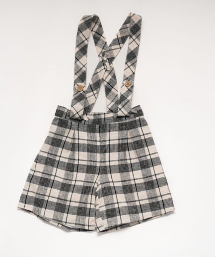 Black And Ivory Plaids Nature Shorts With Suspenders